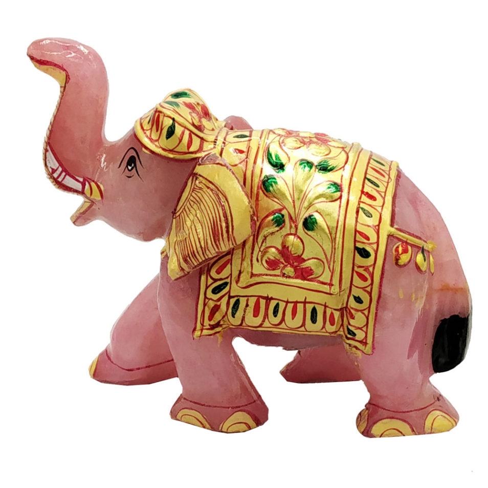 Rose Quartz Stone Elephant With Gold Painted