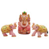 Rose quartz Stone Ganesha Statue With Two Elephant Gold Painted