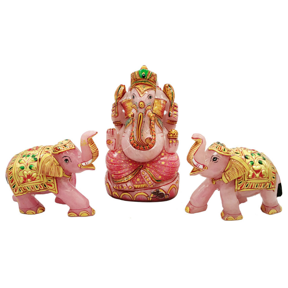 Rose quartz Stone Ganesha Statue With Two Elephant Gold Painted