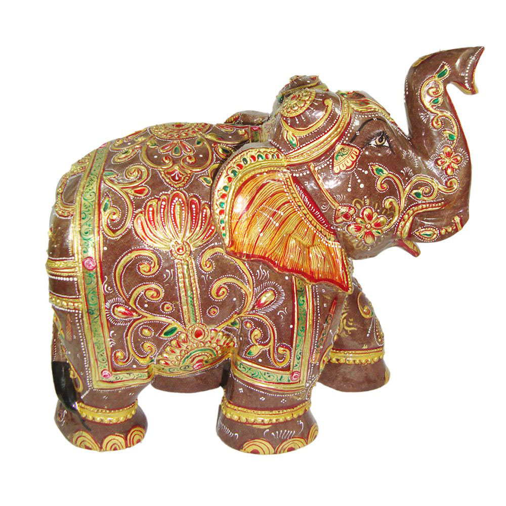 Brown Jade Stone Elephant With Gold Painted