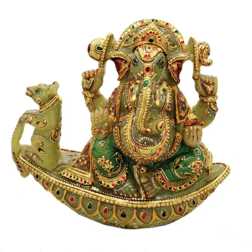 Aventurine Jade Stone Ganesh Sitting on Boat With Mouse Gold Painted Ganesha