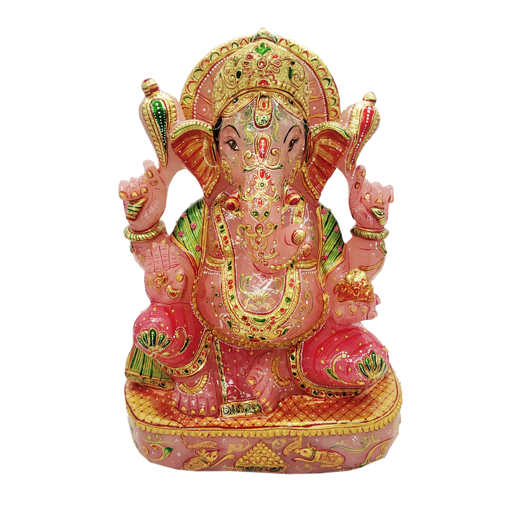 Rose Quartz Stone Ganesha With Gold Painted