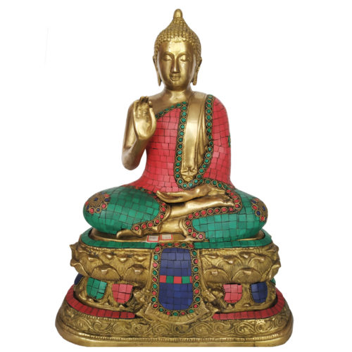 Brass Buddha Sitting Medicine Buddha Statue with Stone Work