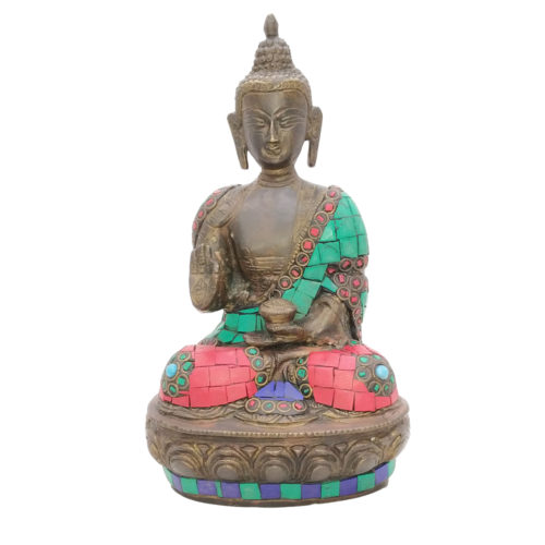 Brass Buddha Sitting Medicine Buddha Statue with Stone Work
