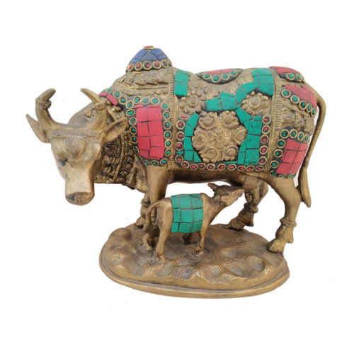 Brass Cow with Calf Feeding Stone Work Hindu Nandi Cow Statue