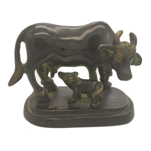 Brass Cow with Calf Feeding Hindu Nandi Cow Statue