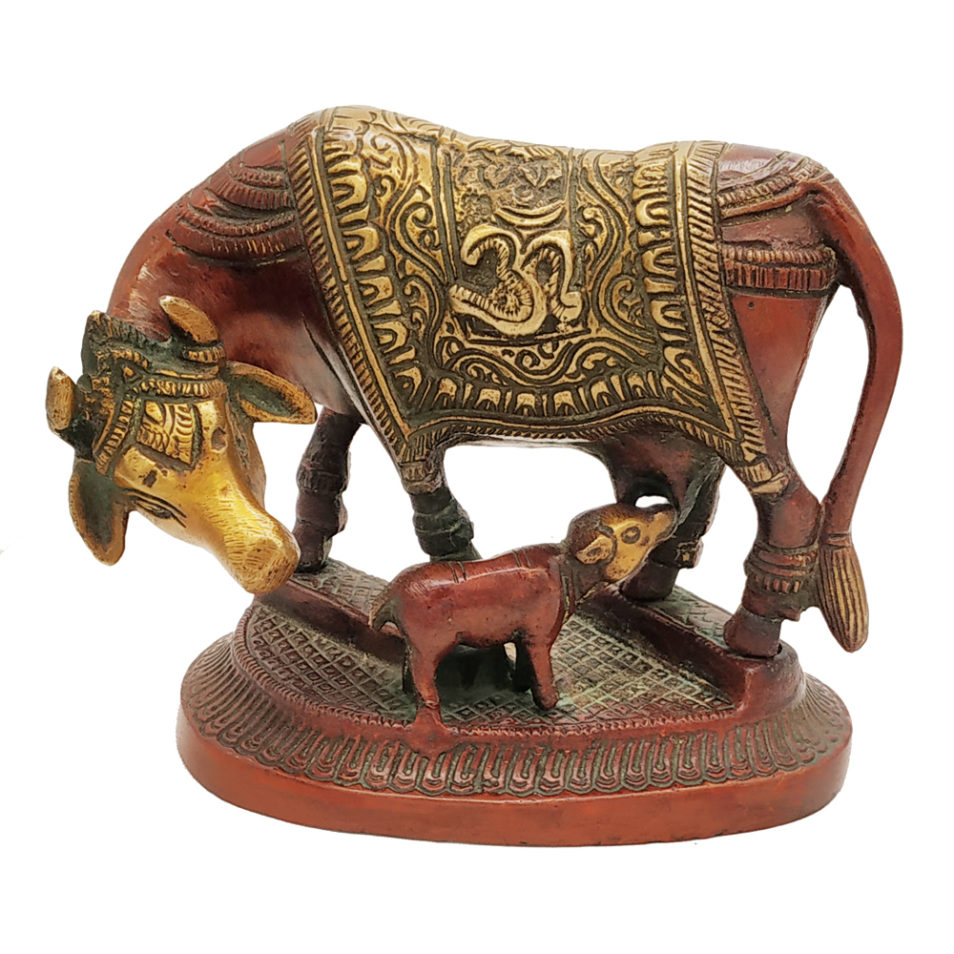 Brass Cow with Calf Feeding Hindu Nandi Cow Statue