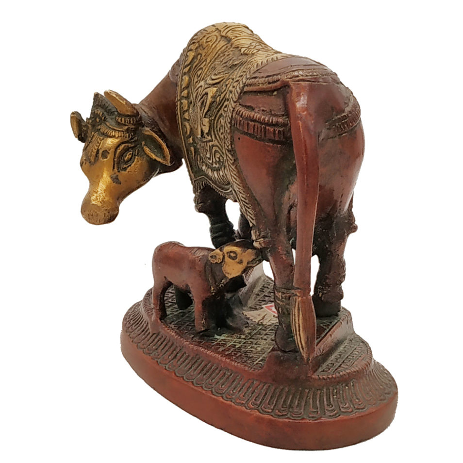 Brass Cow with Calf Feeding Hindu Nandi Cow Statue