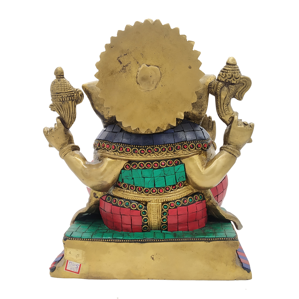 Brass Sitting Ganesha statue With Stone Work Antique Finished