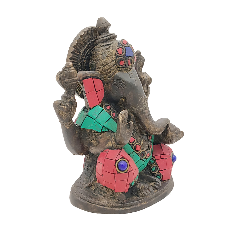 Brass Sitting Ganesha statue With Stone Work Antique Finished