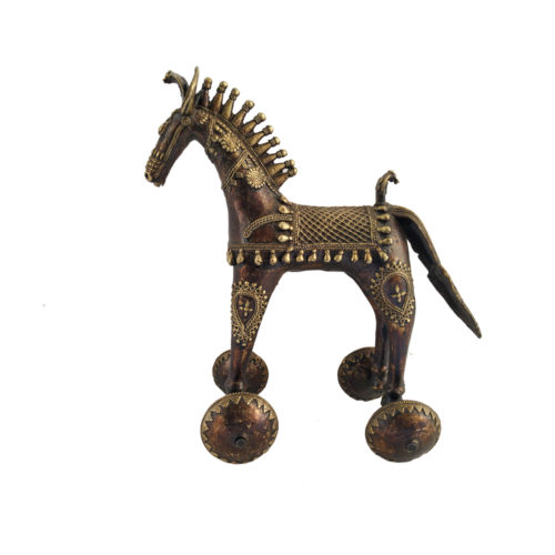 Brass Old Tribe Horse On Wheel Antique Finised Home decor