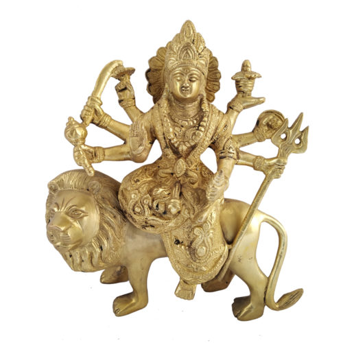 Brass Goddess Durga Sitting on Lion Hindu Religious