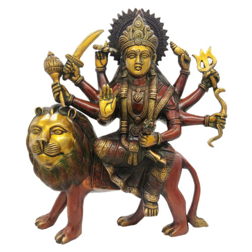 Brass Goddess Durga Sitting on Lion Hindu Religious
