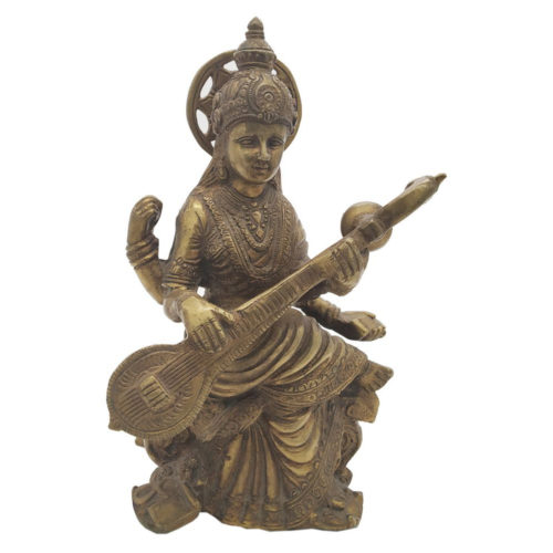Brass Saraswati  Statue Goddess Idol Wealth Prosperity Hindu Religious