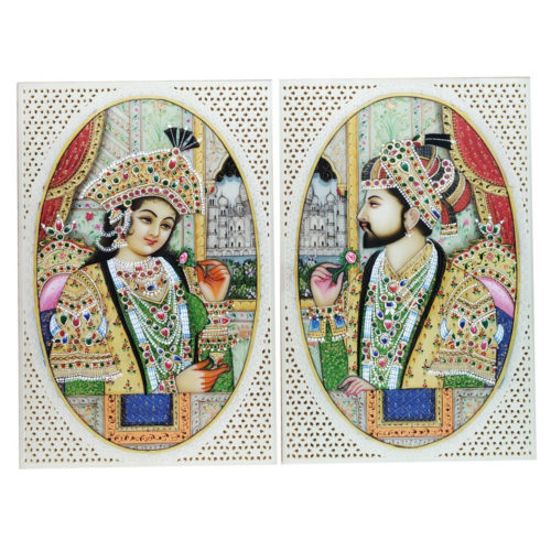 Painting Shajahan Mumtaj Pair Handmade Miniature Artwork water color resin tile 6X4