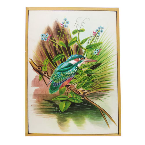 Painting Handmade Silk Febric Kingfisher Bird Miniature Artwork Water color 7 X 5