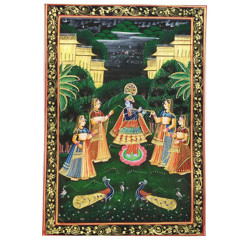 Painting Handmade Silk Febric Radha Krishna Miniature Artwork Water color 9 X 12