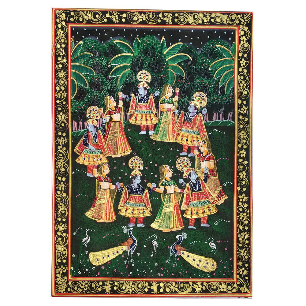 Painting Handmade Silk Febric Radha Krishna Miniature Artwork Water color 9 X 12