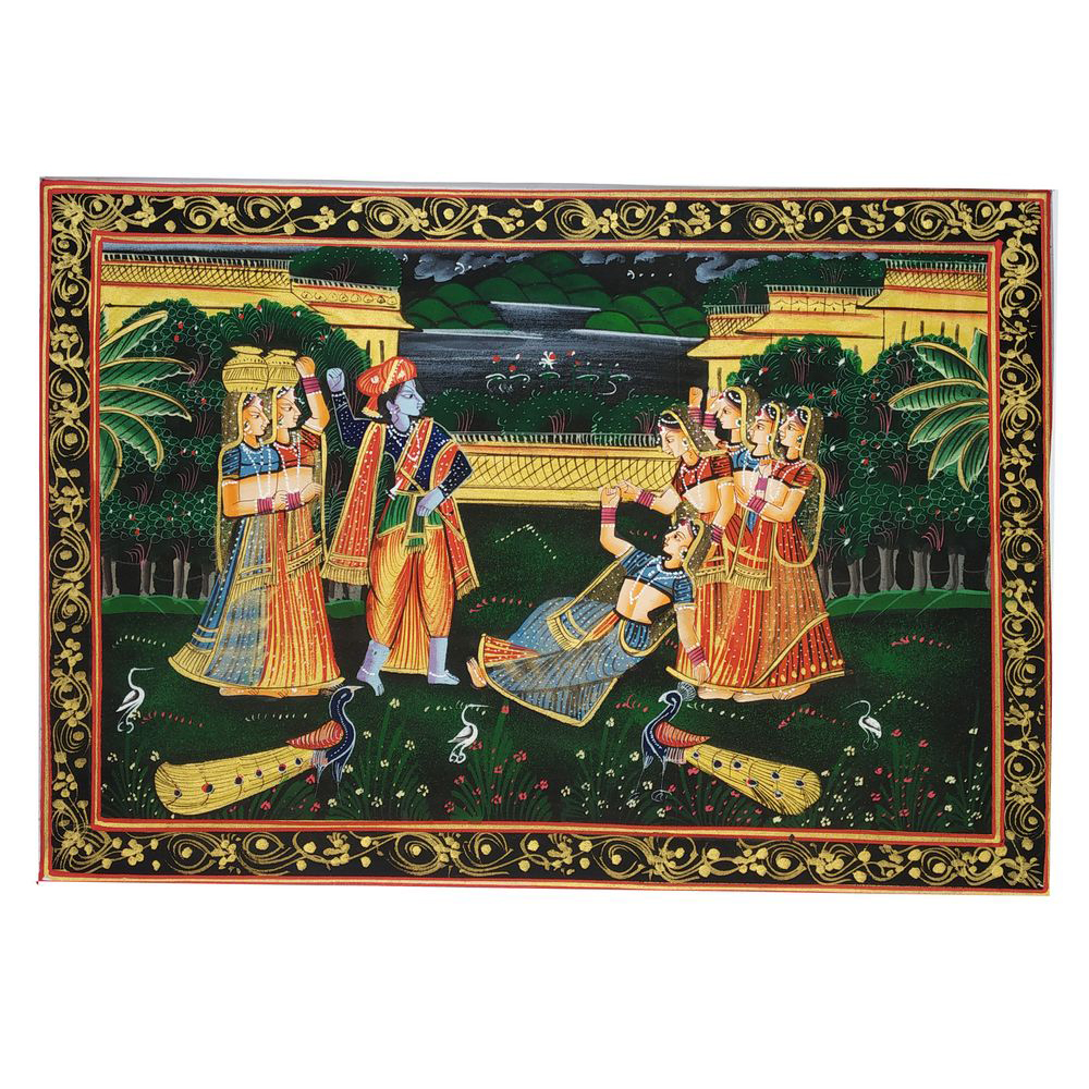 Painting Handmade Silk Febric Radha Krishna Miniature Artwork Water color 9 X 12