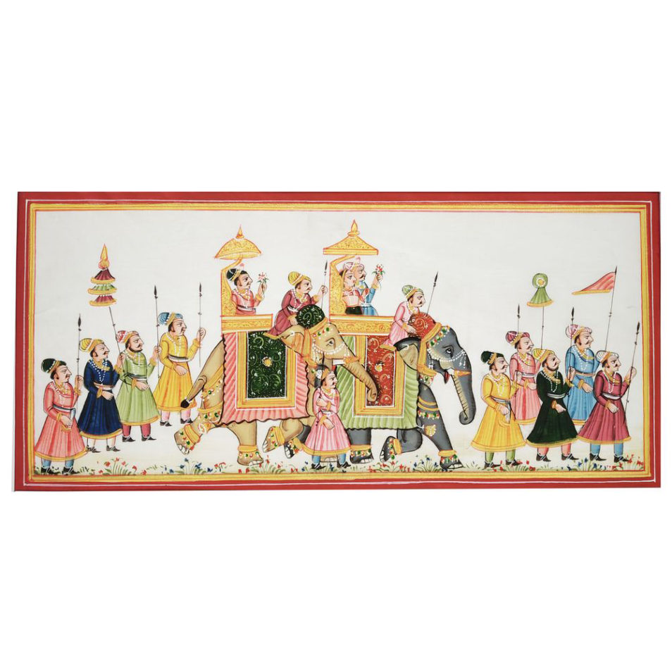 Painting Handmade Silk Febric Procession Miniature Artwork Water color 12 X 5