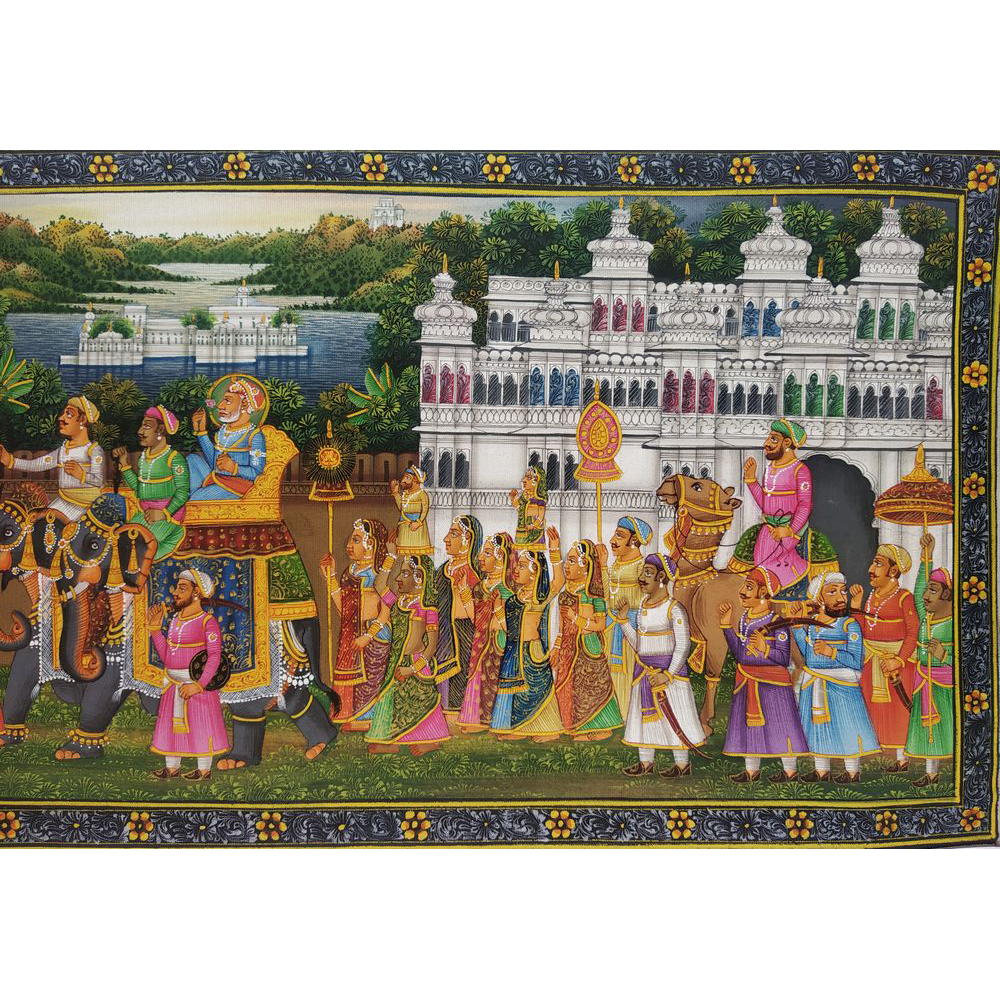 Painting Handmade Silk Febric Procession Miniature Artwork Water color 6 X 14