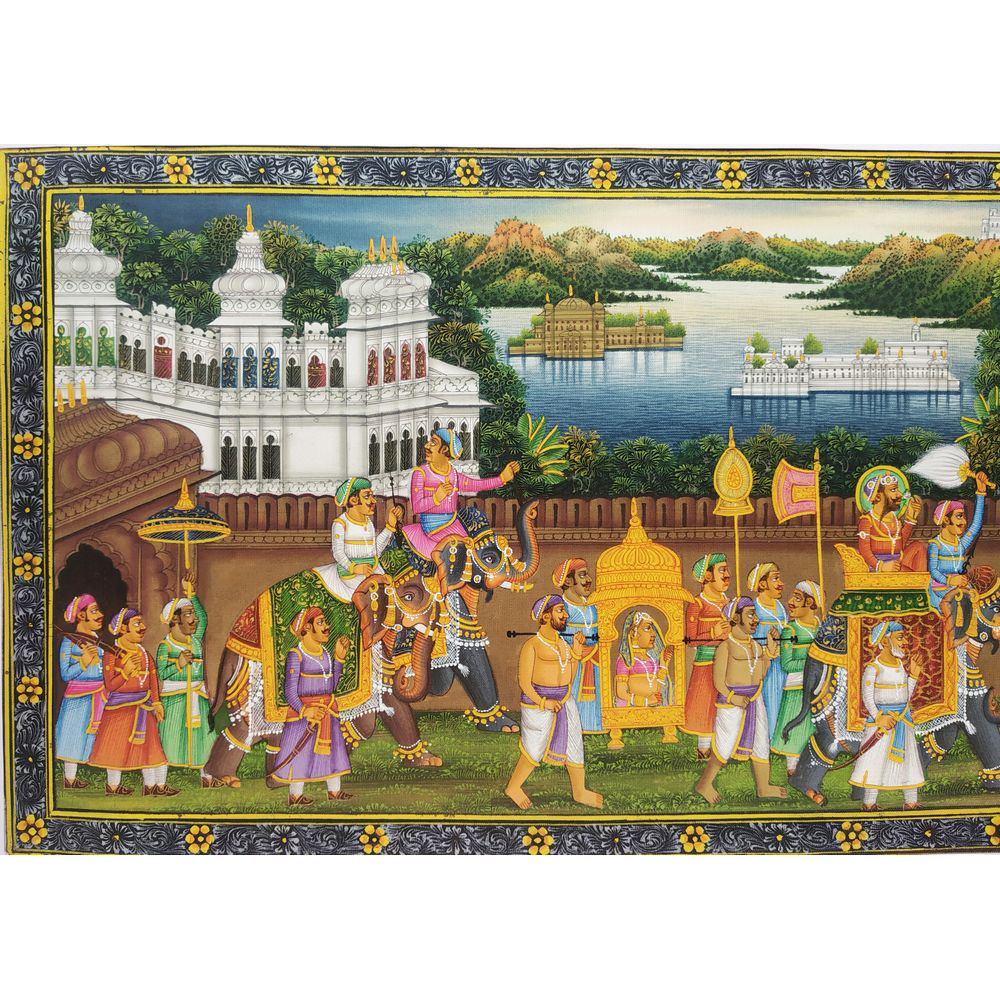 Painting Handmade Silk Febric Procession Miniature Artwork Water color 6 X 14