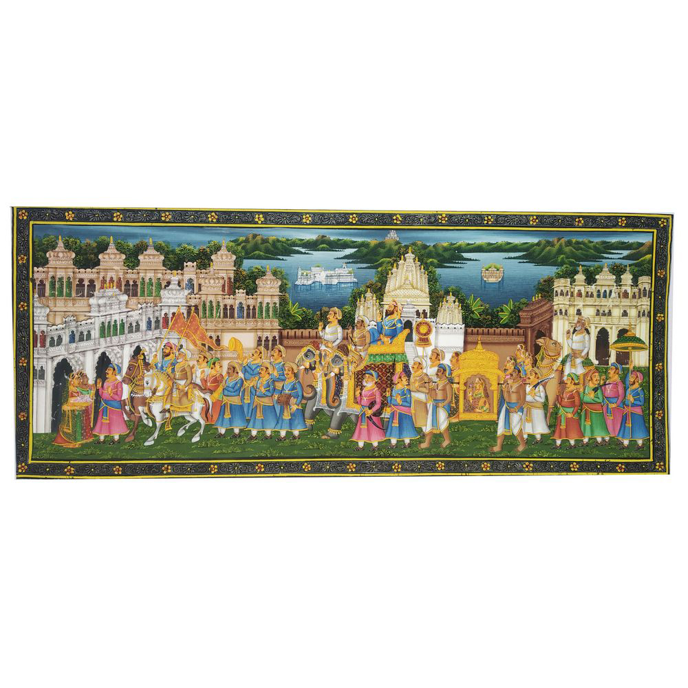 Painting Handmade Silk Febric Procession Miniature Artwork Water color 6 X 14