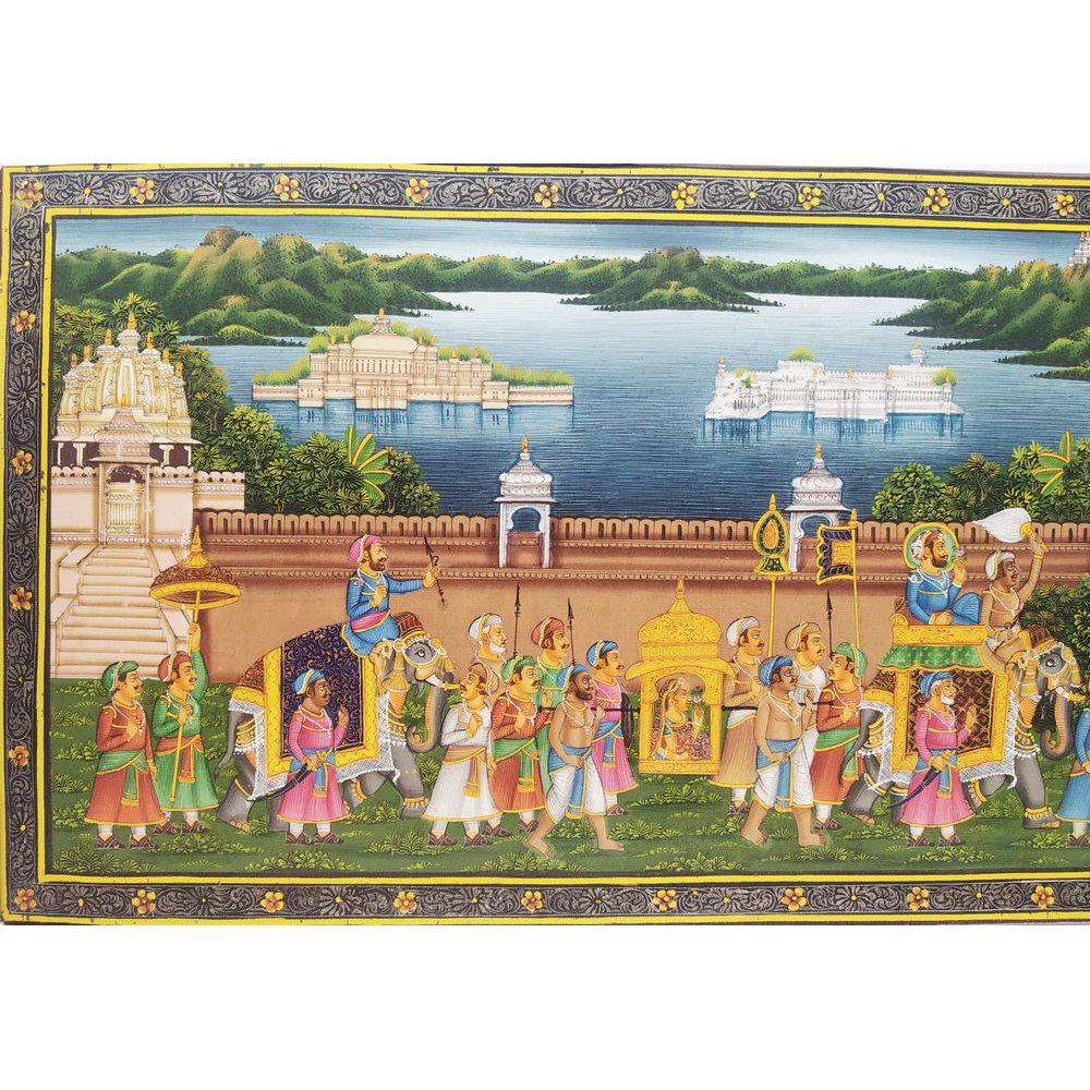 Painting Handmade Silk Febric Procession Miniature Artwork Water color 6 X 14