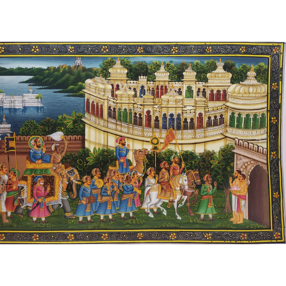 Painting Handmade Silk Febric Procession Miniature Artwork Water color 6 X 14